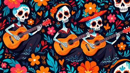 Fototapeta premium illustration of skull pattern with guitar