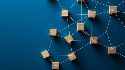 Wooden blocks connected together on a blue background. teamwork concept.