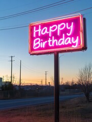 A brightly lit neon billboard sign with 'Happy Birthday' text against the backdrop of a twilight sky