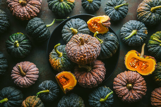 Variety of green and orange heirloom pumpkins, some cut open exposing orange flesh, arranged in black bowl and on custom teal and copper background, filling the frame