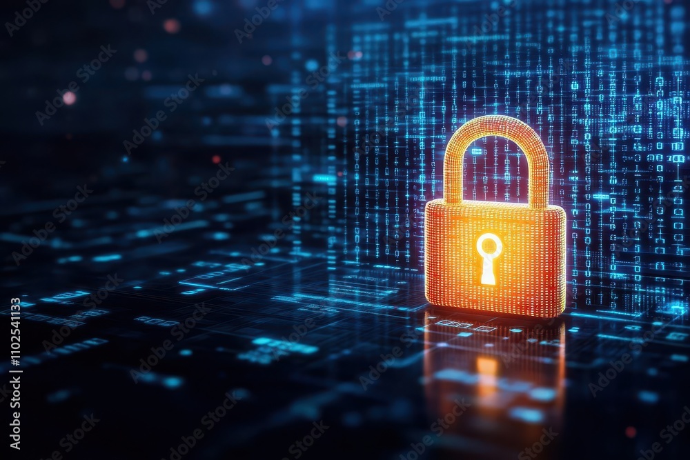 Aufkleber A glowing padlock surrounded by binary codes on a futuristic interface, front view, symbolizing secured encryption, digital tone, Colored Pastel