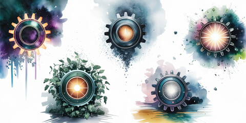 Surreal Watercolor Scene of Five Floating Islands and Abstract Gears