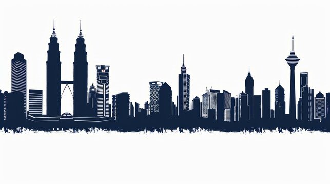  Kuala Lumpur skyline illustration with iconic Petronas Towers and KL Tower in blue silhouette on white background