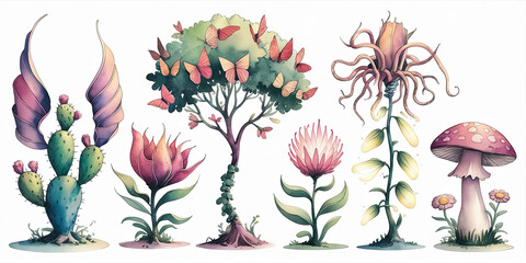 Watercolor Illustration of a Peculiar Garden with Unusual Plants and Shapes