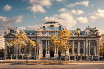 Front facade of the National Library of Chile (Biblioteca Nacional de Chile) building, downtown...
