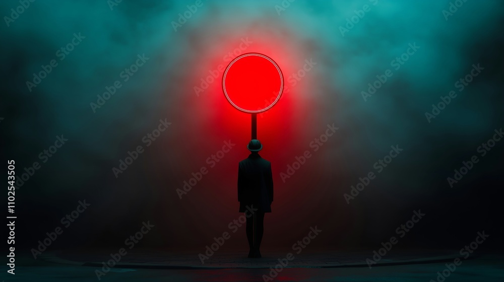 Canvas Prints person in hat facing illuminated red circle in smoky setting