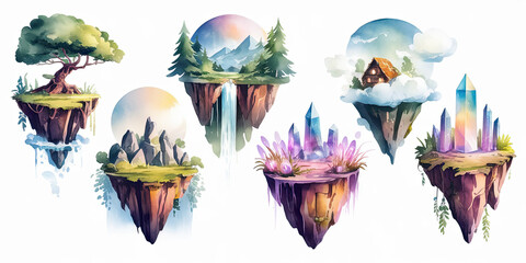 Watercolor Illustration of Five Floating Islands with Cloudy Sky