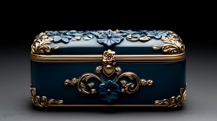 Rectangular Trinket Box with Gold Filigree and Teal Floral Accents