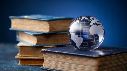 Glass globe on stack of books