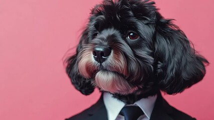 animal pet dog concept Anthromophic friendly Portuguese water dog dog wearing suite formal business suit pretending to work in coporate workplace studio shot on plain color wall 4K Video