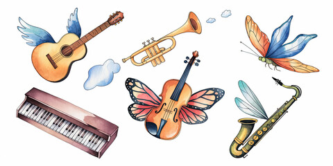 Naklejka premium Watercolor Illustration of Five Flying Musical Instruments