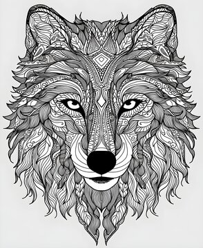 Intricate Wolf Mandala in Detailed Line Art Design