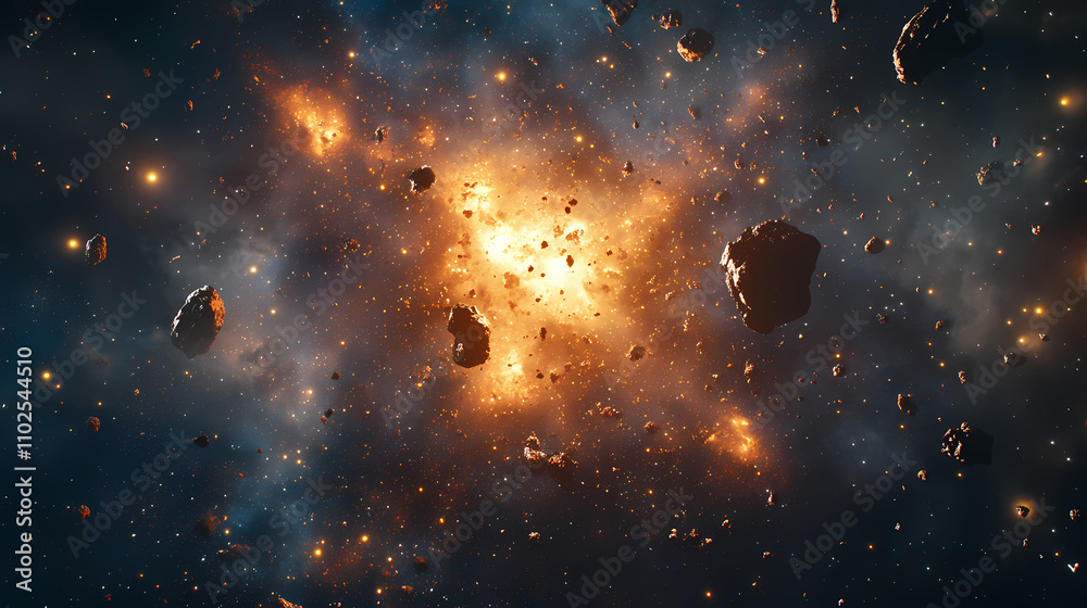 Wall mural a massive explosion occurs in outer space, creating a dazzling display of light and debris among dis