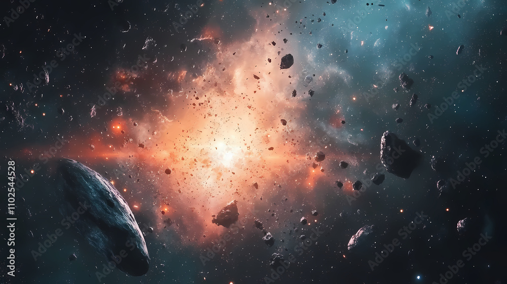 Wall mural a massive explosion occurs in outer space, creating a dazzling display of light and debris among dis