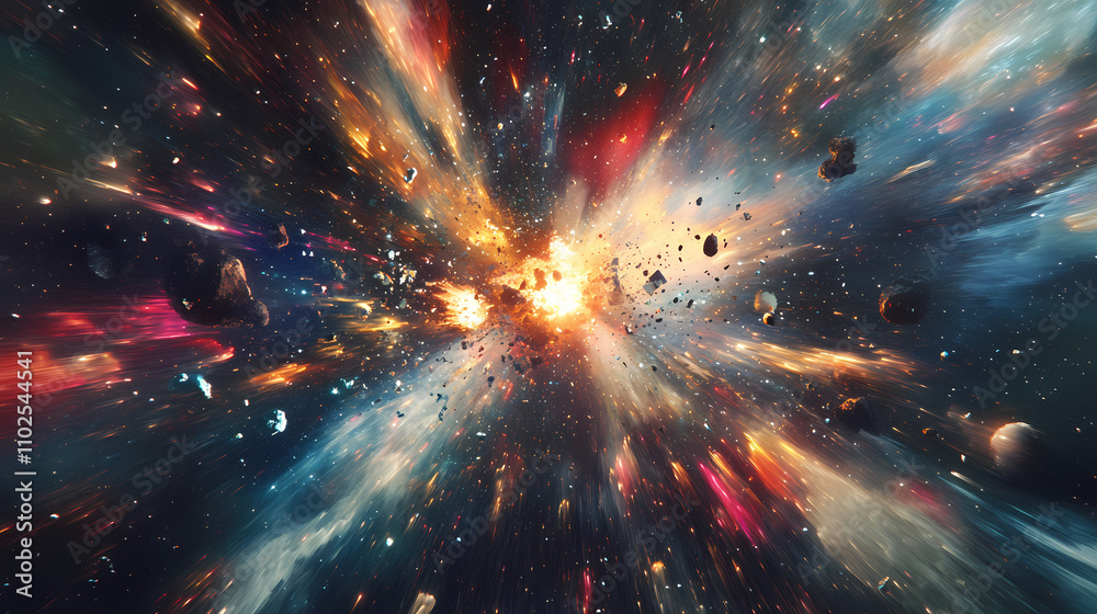 Wall mural a massive explosion occurs in outer space, creating a dazzling display of light and debris among dis
