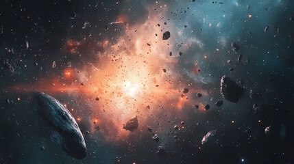 A massive explosion occurs in outer space, creating a dazzling display of light and debris among distant celestial bodies. Celestial. Illustration