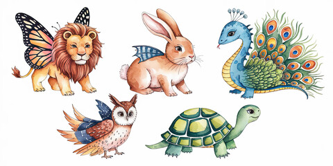 Fototapeta premium Watercolor Illustration of Five Hybrid Animals