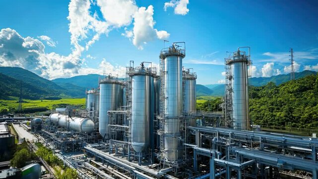 A modern hydrogen production facility showcases gleaming H2 tanks, surrounded by pipes and greenery, all set against a blue sky with industrial elements 4K Video