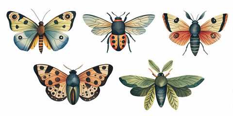 Watercolor Illustration of Five Hybrid Insects (Purple)