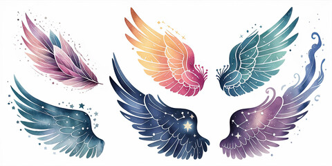Fototapeta premium Watercolor Illustration of Five Mystical Wings (Cover)