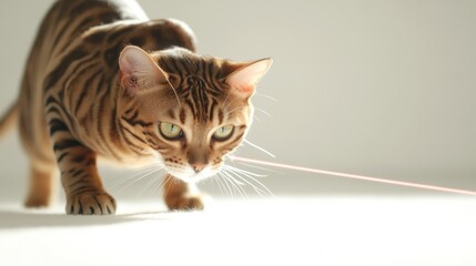 Bengal Cat hunting laser pointer on white background  AR 169