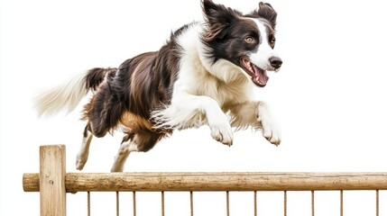 Border Collie jumping over fence white background AR 169