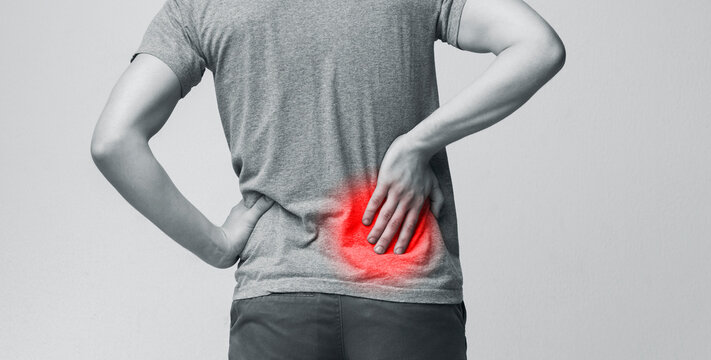 Kidneys pain, urolithiasis disease. Male body with inflamed loin, panorama