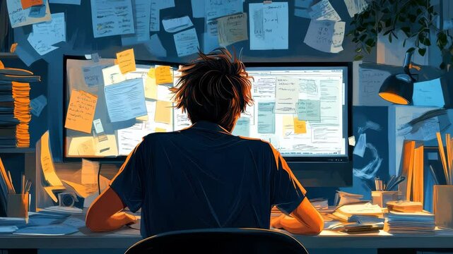 A disheartened office employee lingers at a chaotic workstation, gazing vacantly at a monitor. 4K Video