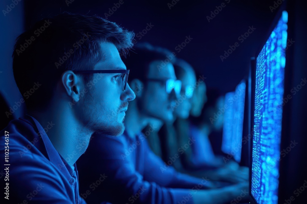 Poster A team of cybersecurity analysts in a dark room analyzing ransomware attacks, side view, showcasing collaborative problemsolving, advanced tone, Monochromatic Color Scheme