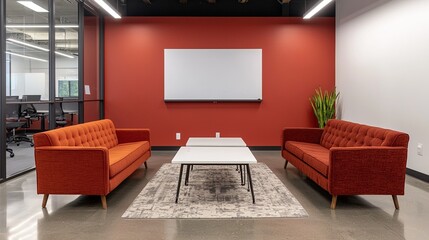 A modern office lounge featuring two orange sofas, a white table, and a red accent wall, creating a vibrant and inviting workspace.