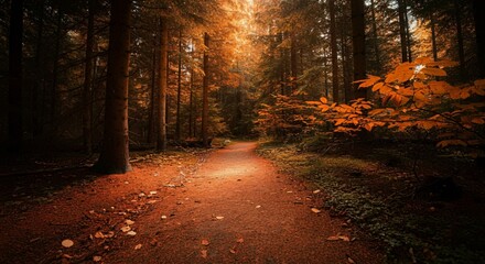 A peaceful hiking trail through a forest with sunlight filtering through the trees