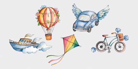 Whimsical Watercolor Illustration of Five Different Creatures