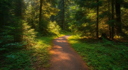 Obraz premium A peaceful hiking trail through a forest with sunlight filtering through the trees