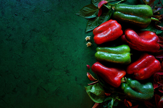Red and Green Capsicum Bell Peppers. Horizontal orientation with copy space.