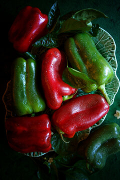 Red and Green Capsicum Bell Peppers. Close up.