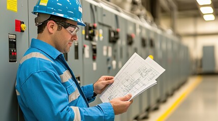 A worker in a blue uniform and hard hat examines technical plans in an industrial setting filled with electrical equipment.