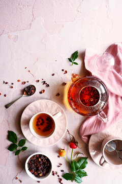 Rosehip Herbal Tea Made From Organic Rosehip Berry Shells. Negative Copy Space.