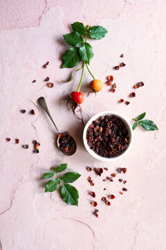 Dried Organic Rosehip Berry Shells with Fresh Rosehip Berries.
