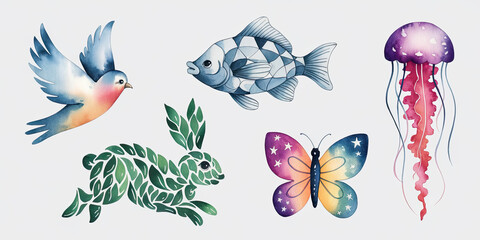 Whimsical Watercolor Illustration of Five Different Animals