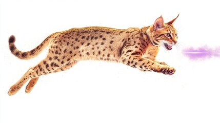 Naklejka premium Savannah Cat Jumping for Laser on White Background