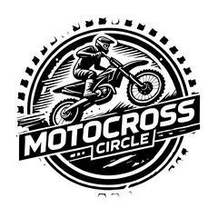 Dynamic motocross logo featuring a dirt bike rider mid-jump, surrounded by a gear-inspired border with bold typography, evoking adrenaline, speed, and rugged off-road adventure.