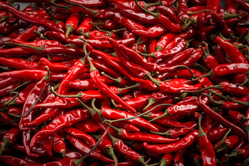 Fototapeta premium Chili Peppers Glossy red chilies fill frame, evoking fiery, spicy culinary energy