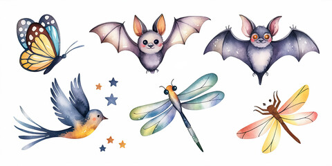 Whimsical Watercolor Illustration of Five Different Artistic Creatures
