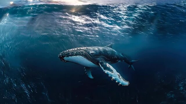 An immersive 360-degree equirectangular panorama of a majestic humpback whale, gliding gracefully through the ocean depths and surrounded 4K Video