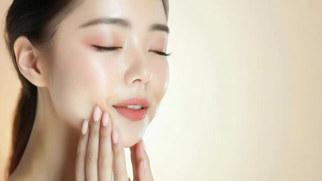 Portrait young Asian woman show v shape face after botox injection over grey background, beauty skin concept