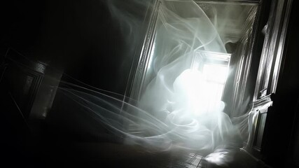 Ethereal apparitions glide through a timeless, shadowy estate, intertwining with cobwebs and dark recesses. 4K Video