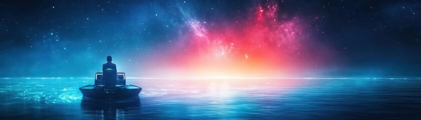 Fototapeta premium A visionary leader standing at the helm of a futuristic ship, guiding it through glowing, calm waters under a starlit sky