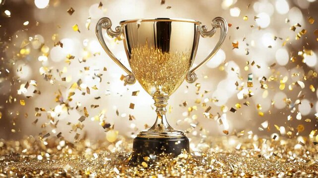 Gold first place winners trophy with confetti 4K Video
