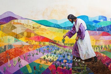 Modern Interpretation of the Parable of the Sower with Vibrant Collage and Jesus Tending to Plants