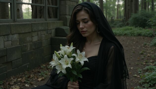 "Woman in black mourning attire holding a bouquet of white lilies in a serene forest setting, capturing a poignant and reflective moment, ideal for memorial tributes, funerals, or symbolic ceremonies
